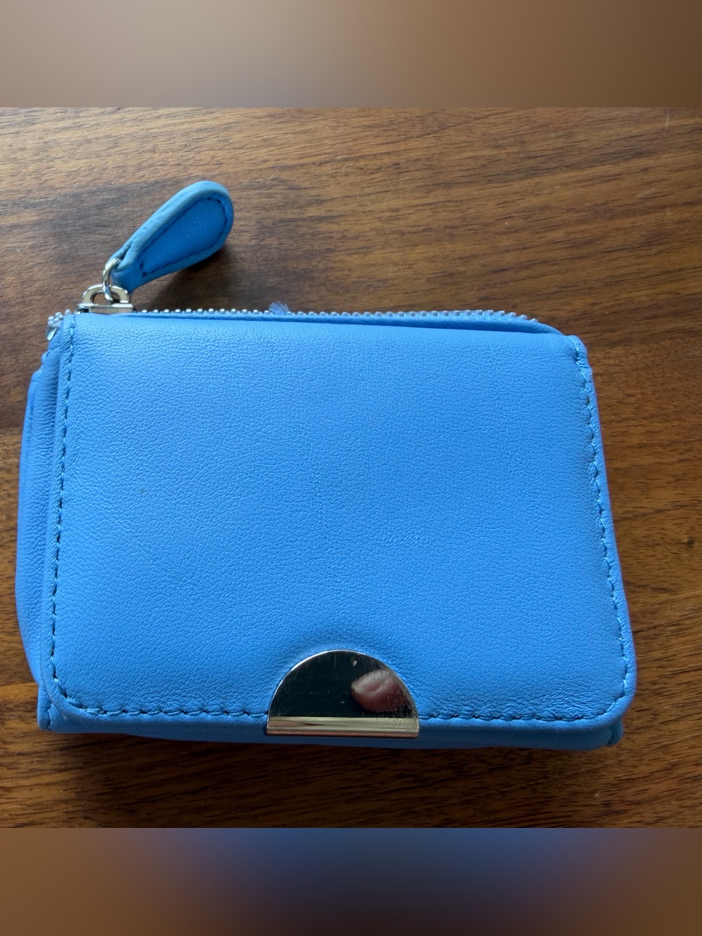 Compact Blue Leather Zip Card Wallet